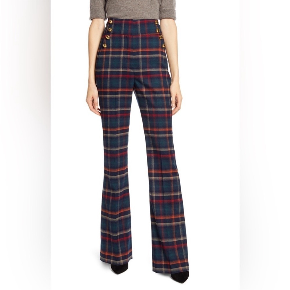 Halogen x Atlantic Pacific Plaid High Waist Flare Pants Button Detail Sz 6